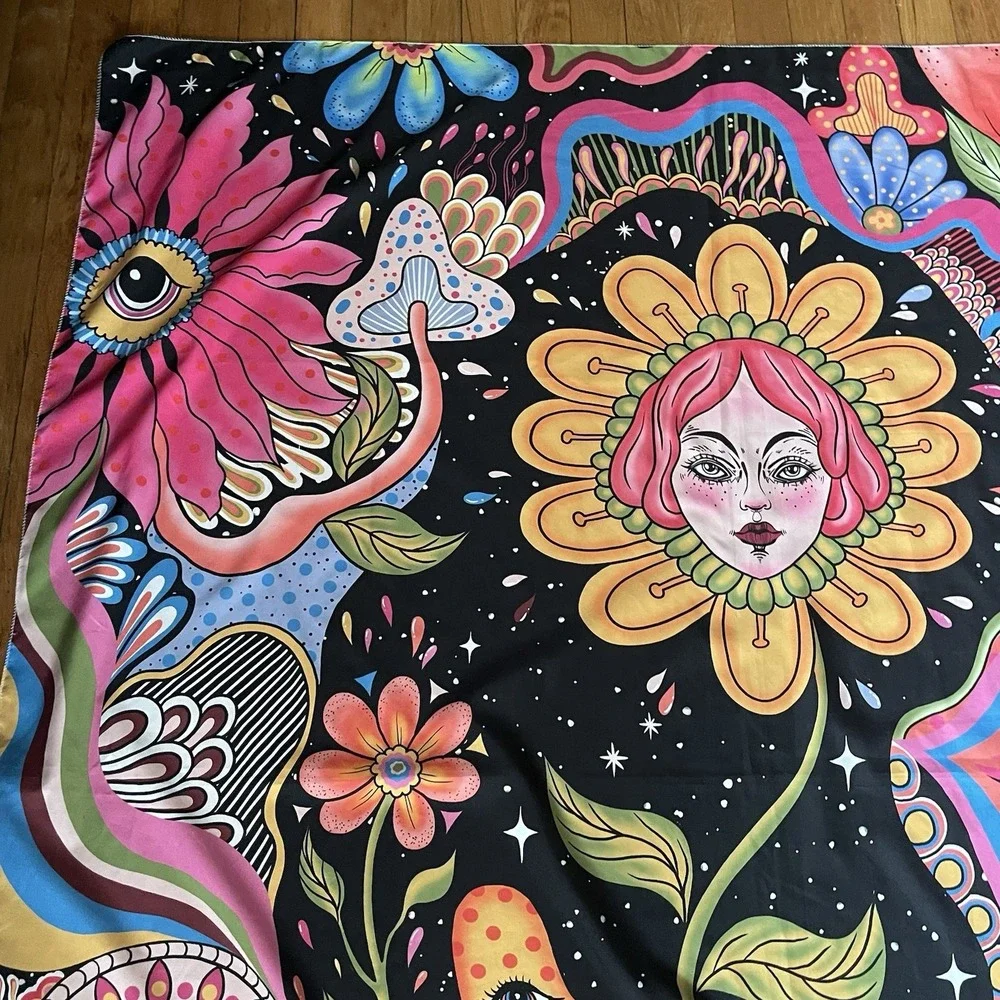 Psychedelic Sun Face Mushroom Tapestry Large Trippy Vibrant Color Wall Art 48x60
